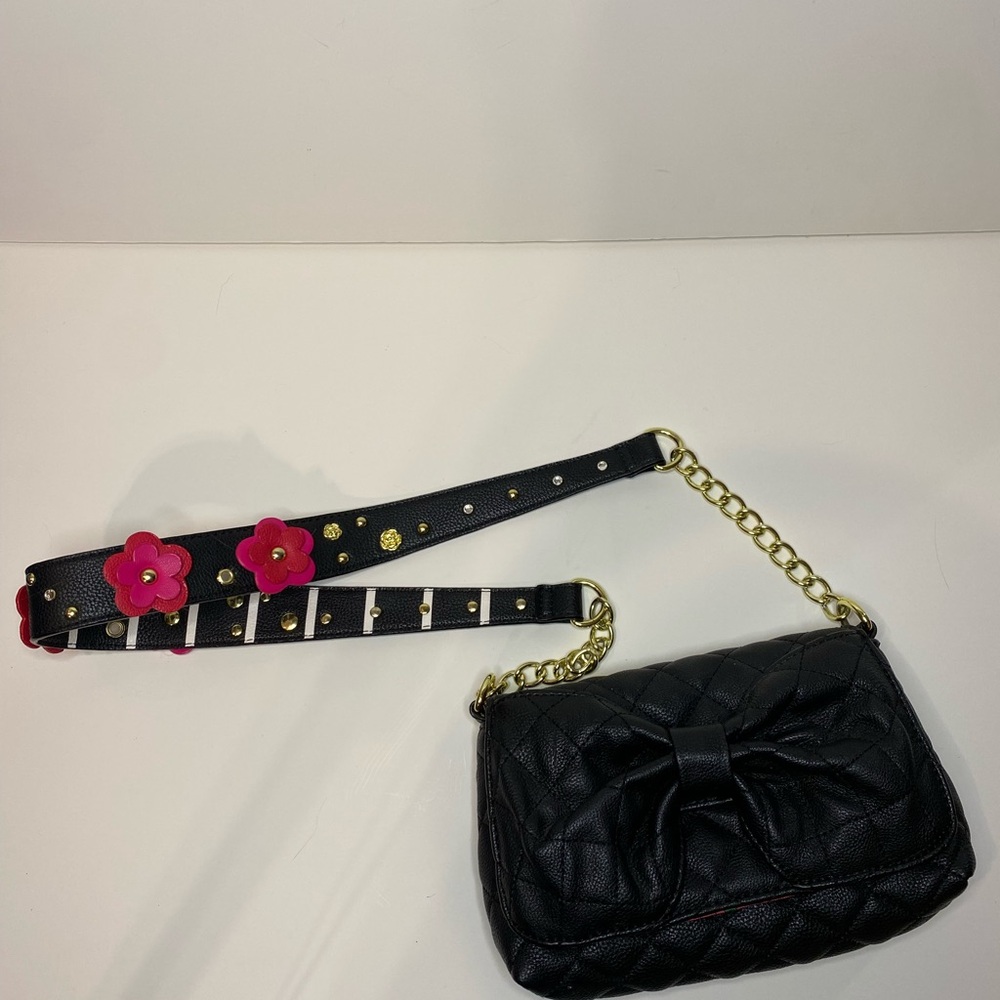 Betsy Johnson Black Quilted Crossbody Bag with Pink Floral Strap